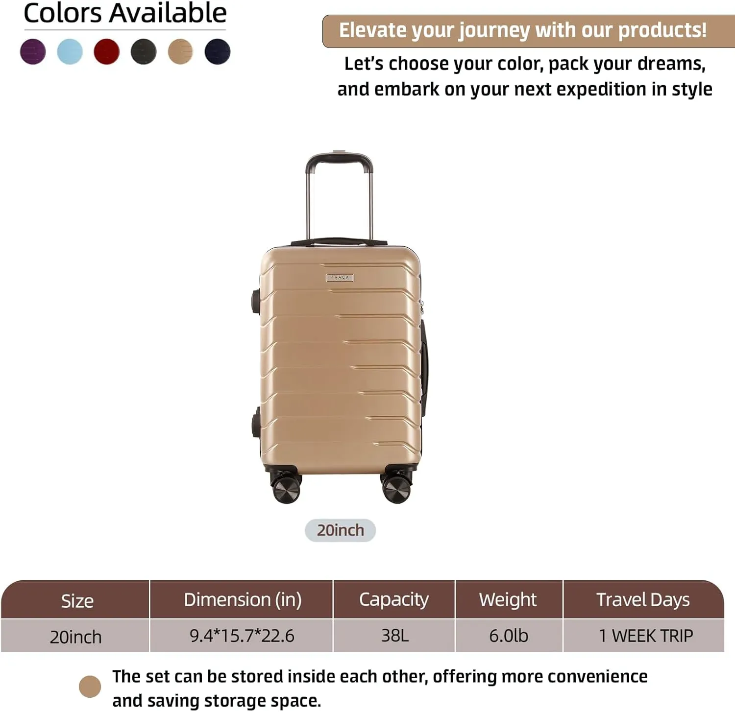 1 Piece Carry on Luggage ABS PC Hardshell TSA Lock Aluminum Trolley Spinner Wheels (Champagne, 1 Piece)