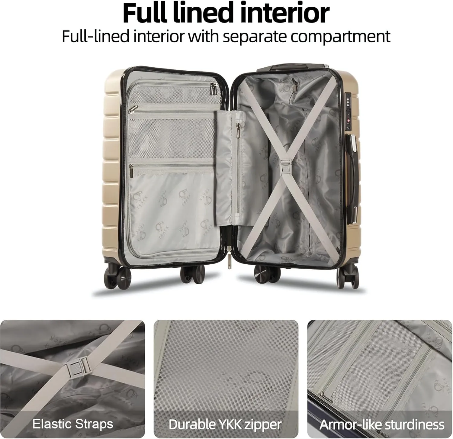1 Piece Carry on Luggage ABS PC Hardshell TSA Lock Aluminum Trolley Spinner Wheels (Champagne, 1 Piece)