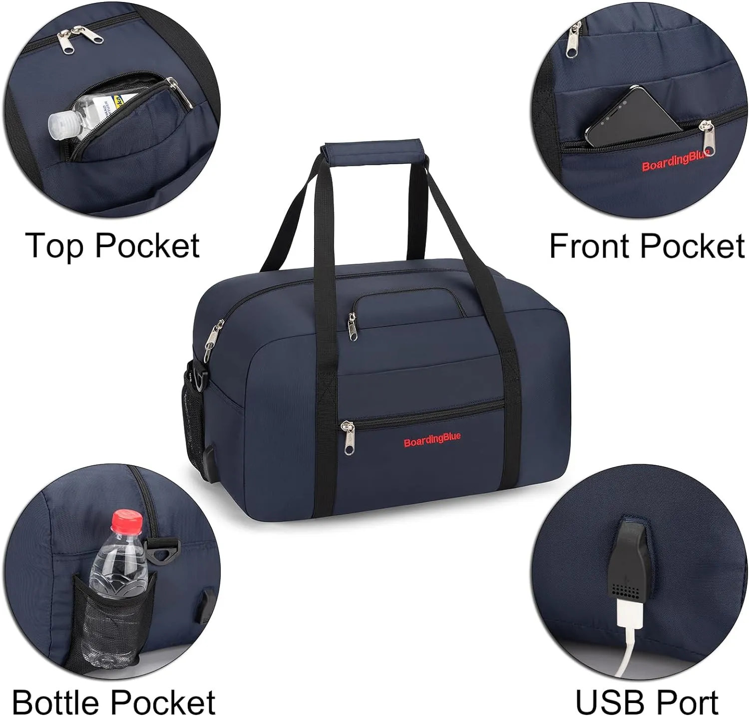 17x10x9 United Airline Personal Item Under Seat Duffel Bag With Free Pillow And USB Port (Navy)