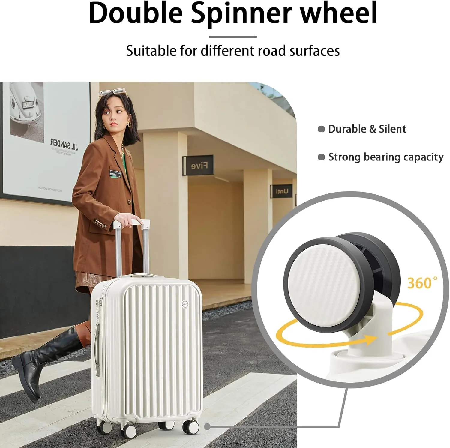 24in Hardside Luggage with Spinner Wheels and Built-in TSA Lock Durable Suitcase Rolling Luggage with USB Port Cup Holder (White)