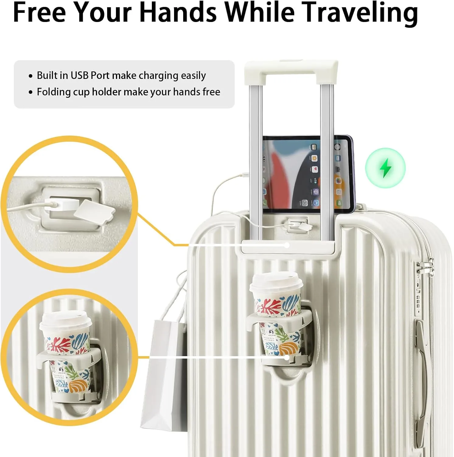 24in Hardside Luggage with Spinner Wheels and Built-in TSA Lock Durable Suitcase Rolling Luggage with USB Port Cup Holder (White)