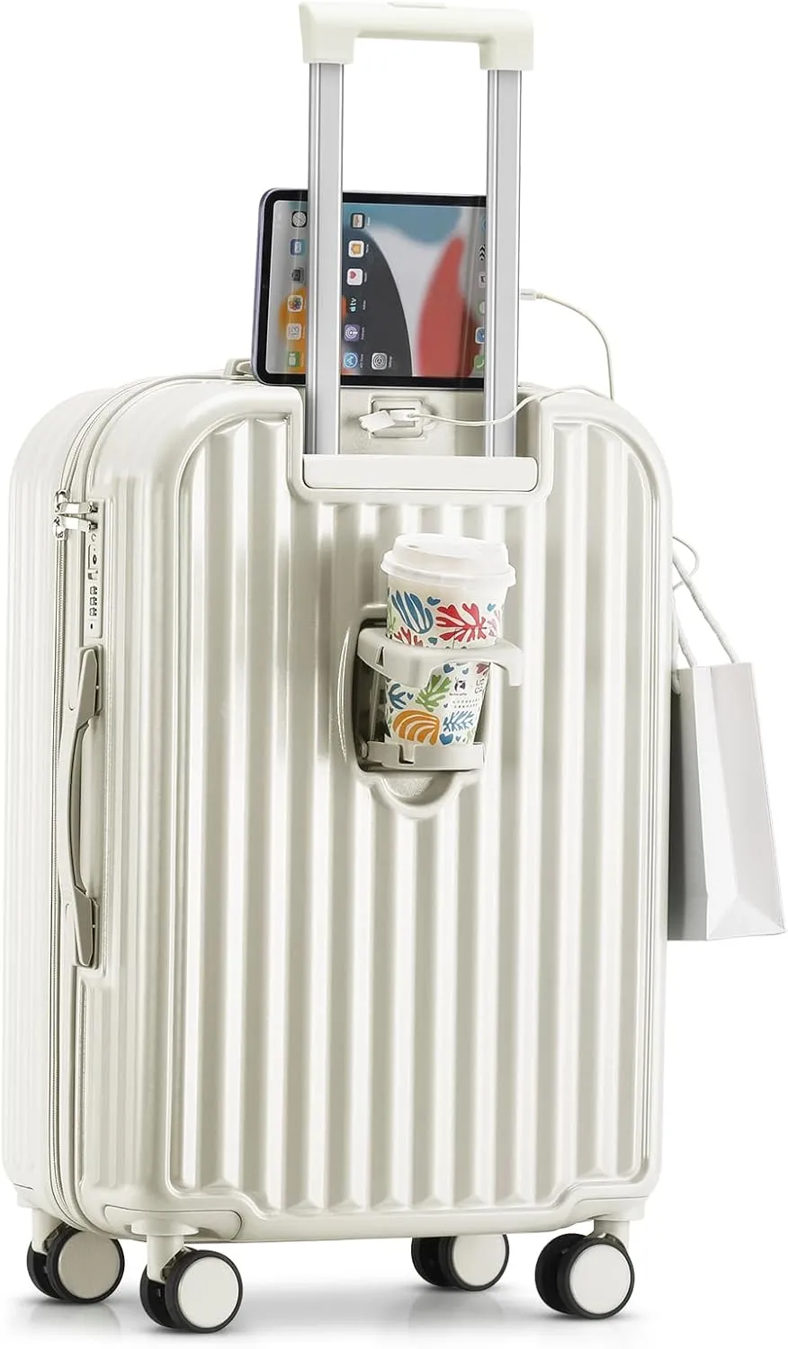 24in Hardside Luggage with Spinner Wheels and Built-in TSA Lock Durable Suitcase Rolling Luggage with USB Port Cup Holder (White)