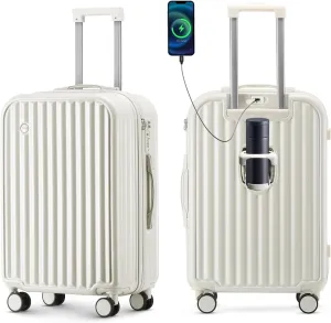 24in Hardside Luggage with Spinner Wheels and Built-in TSA Lock Durable Suitcase Rolling Luggage with USB Port Cup Holder (White)