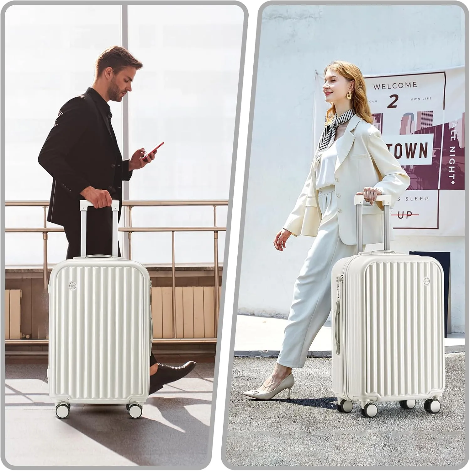 24in Hardside Luggage with Spinner Wheels and Built-in TSA Lock Durable Suitcase Rolling Luggage with USB Port Cup Holder (White)