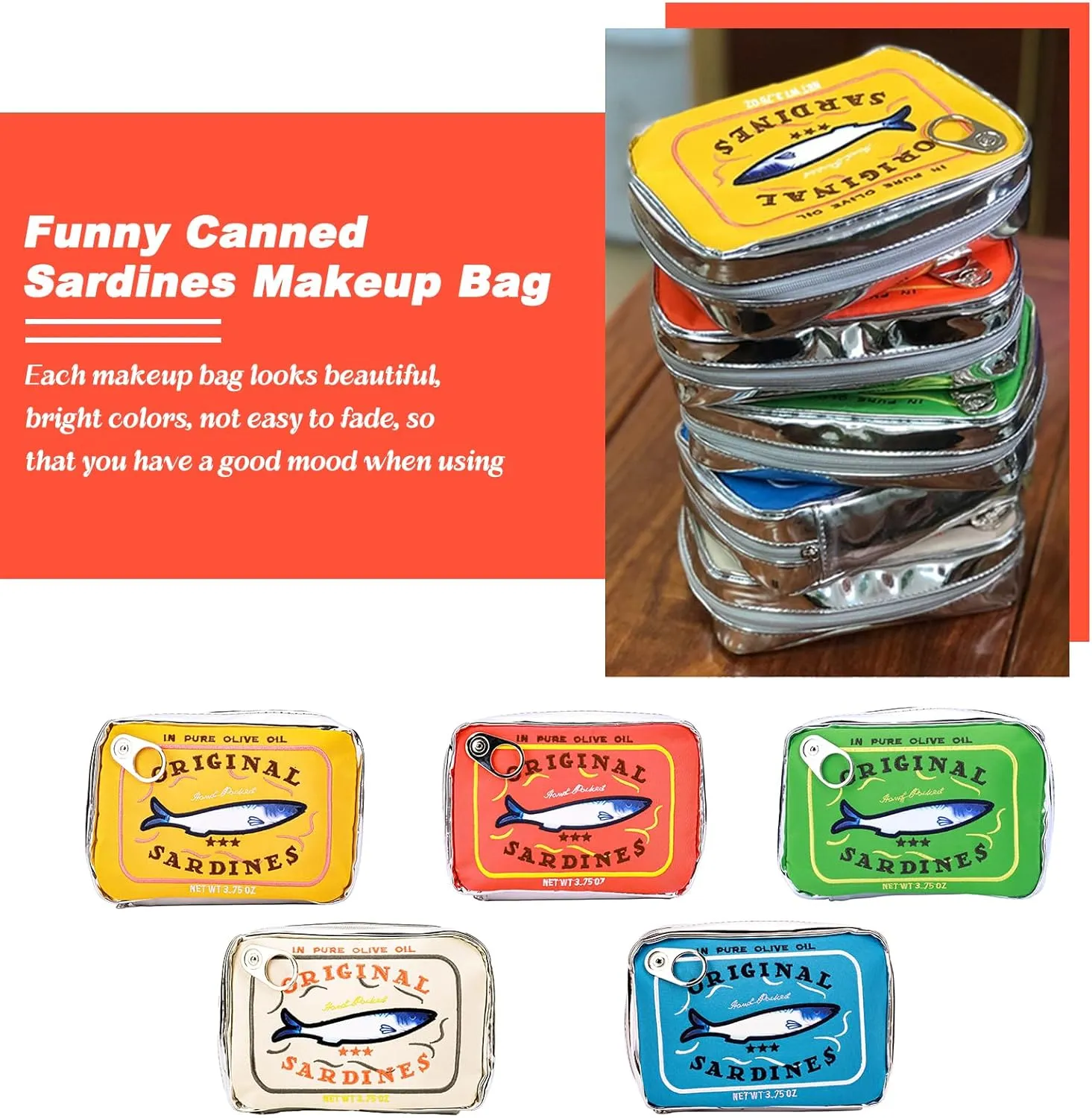4 PCS Canned Sardines Makeup Bag, Canned Sardines Style Toiletry Bag Cute Travel Bag Creative Cute Makeup Bag Aesthetic Toiletry Bag For Women