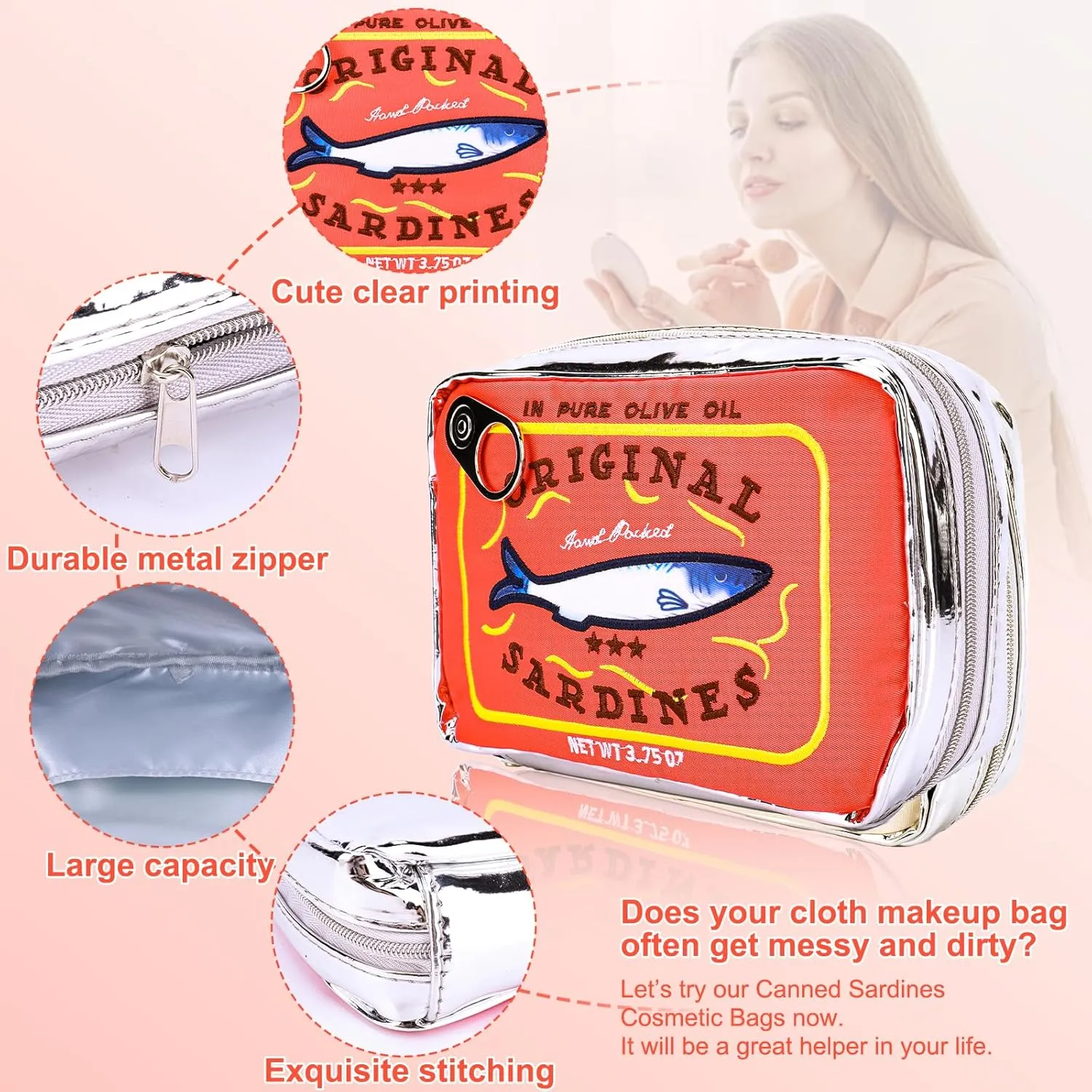 4 PCS Canned Sardines Makeup Bag, Canned Sardines Style Toiletry Bag Cute Travel Bag Creative Cute Makeup Bag Aesthetic Toiletry Bag For Women