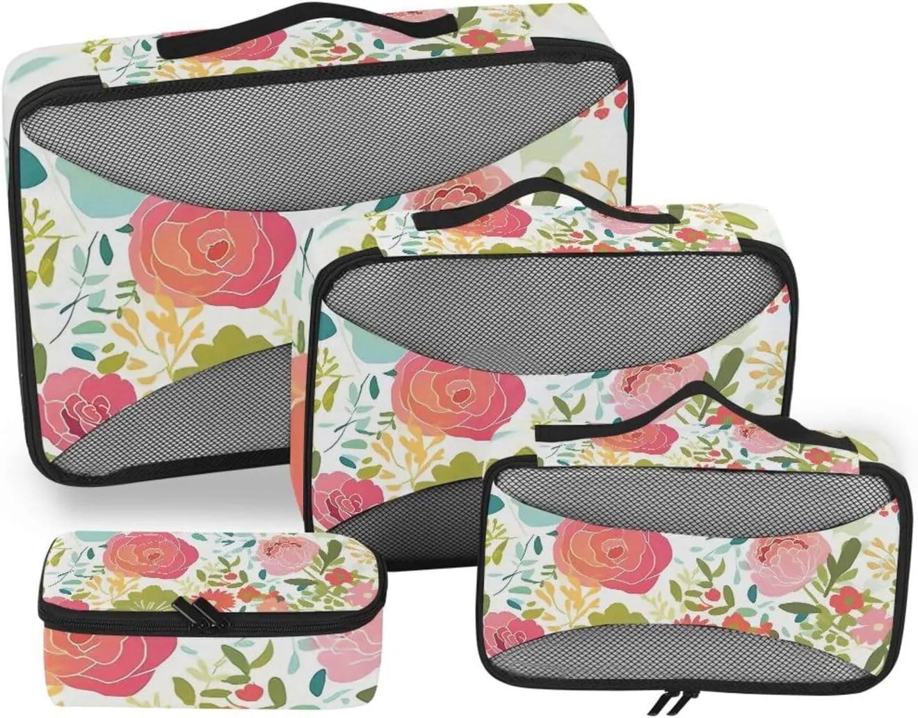4 Pcs set organizer bags set Mesh Travel Essentials Spring Colorful Flowers lightweight packing cubes for diaper