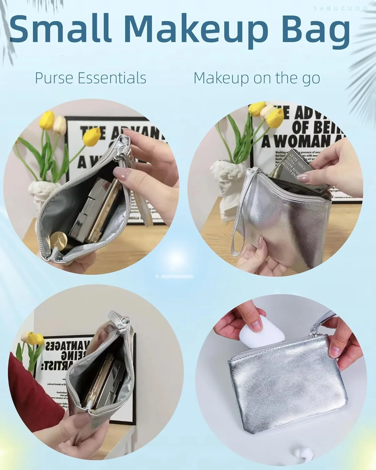 4.5 x 6.5 Clutch Stadium Approved, Leather Coin Purse for Women Wristlet Money Pouches for Cash Car Change with Zipper Lipstick Holder, Extra Small Makeup Bag for Purse Organizer Insert, Silver