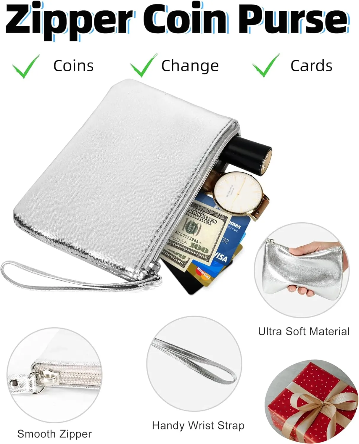 4.5 x 6.5 Clutch Stadium Approved, Leather Coin Purse for Women Wristlet Money Pouches for Cash Car Change with Zipper Lipstick Holder, Extra Small Makeup Bag for Purse Organizer Insert, Silver