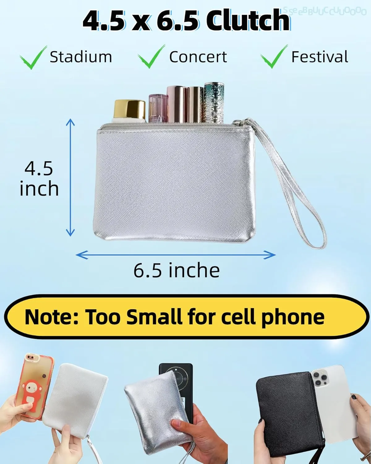 4.5 x 6.5 Clutch Stadium Approved, Leather Coin Purse for Women Wristlet Money Pouches for Cash Car Change with Zipper Lipstick Holder, Extra Small Makeup Bag for Purse Organizer Insert, Silver