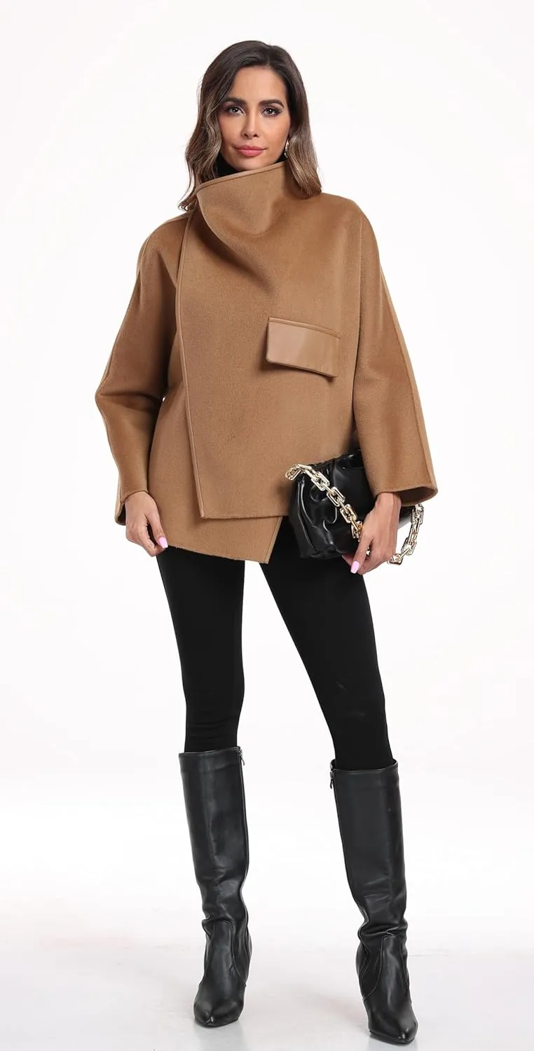 Ababalaya Casual Stand Collar Wool Coat For Women Handmade Double-Faced Wool Rabbit Fur Silk Short Peacoat