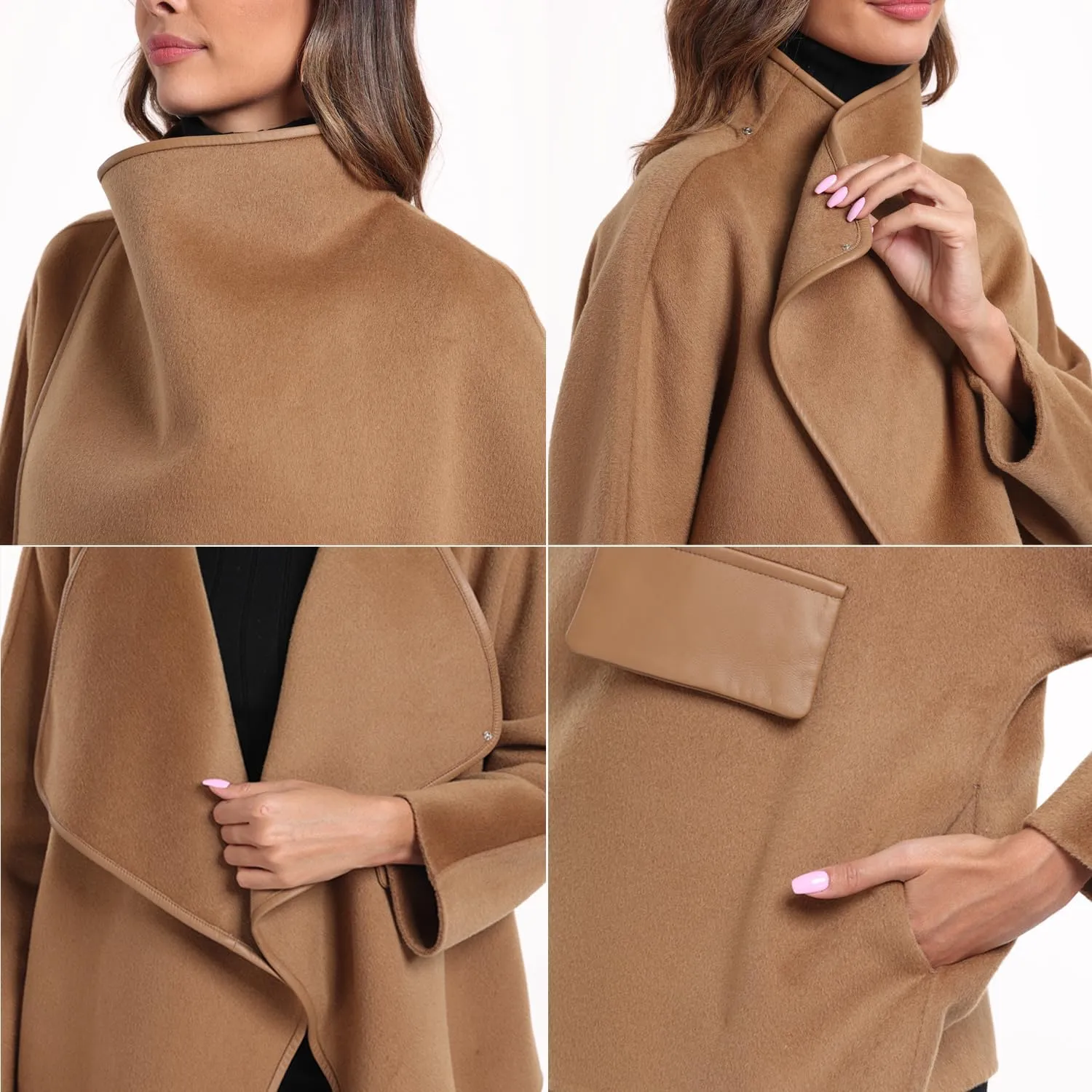Ababalaya Casual Stand Collar Wool Coat For Women Handmade Double-Faced Wool Rabbit Fur Silk Short Peacoat