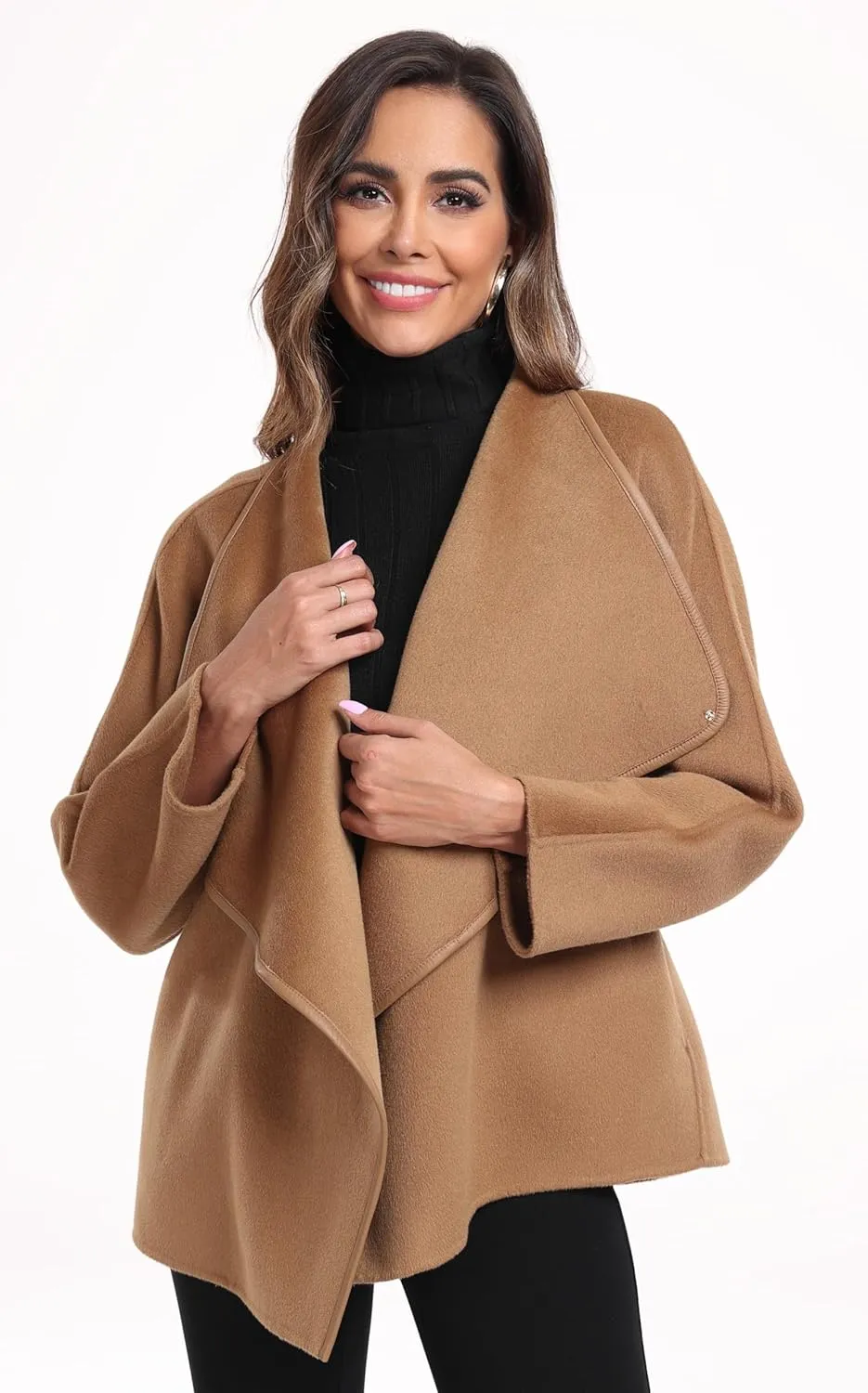 Ababalaya Casual Stand Collar Wool Coat For Women Handmade Double-Faced Wool Rabbit Fur Silk Short Peacoat