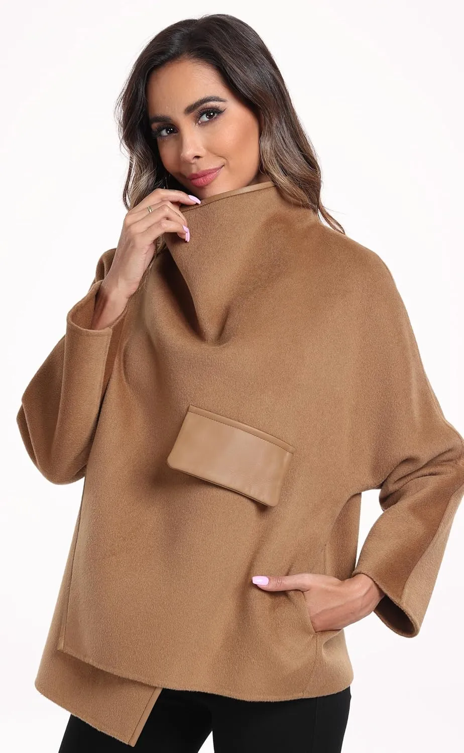 Ababalaya Casual Stand Collar Wool Coat For Women Handmade Double-Faced Wool Rabbit Fur Silk Short Peacoat