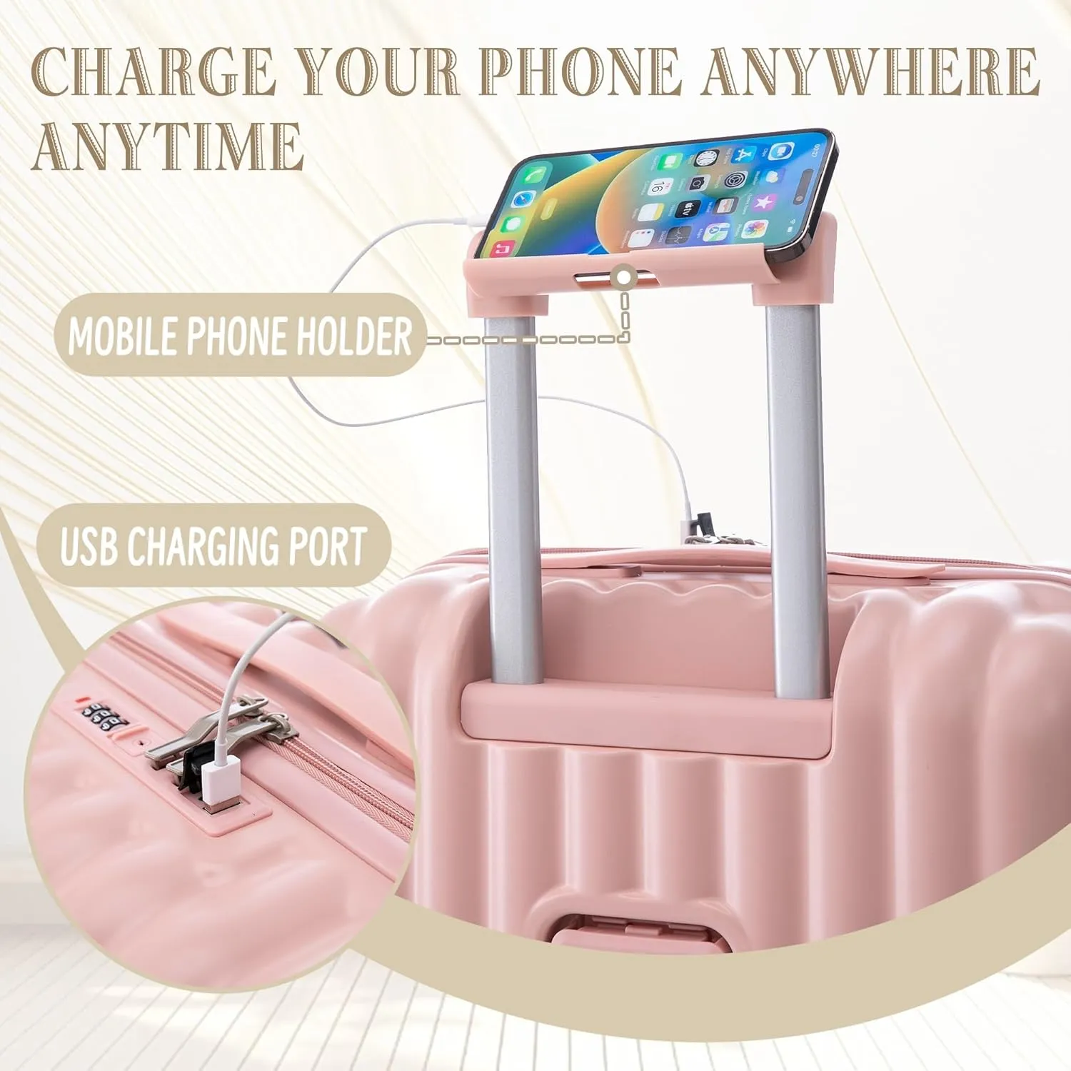 ABS Spinner Wheel Luggage Set with Cup Holder & USB Port (20/24/28) - Durable Waterproof Suitcase(Pink)