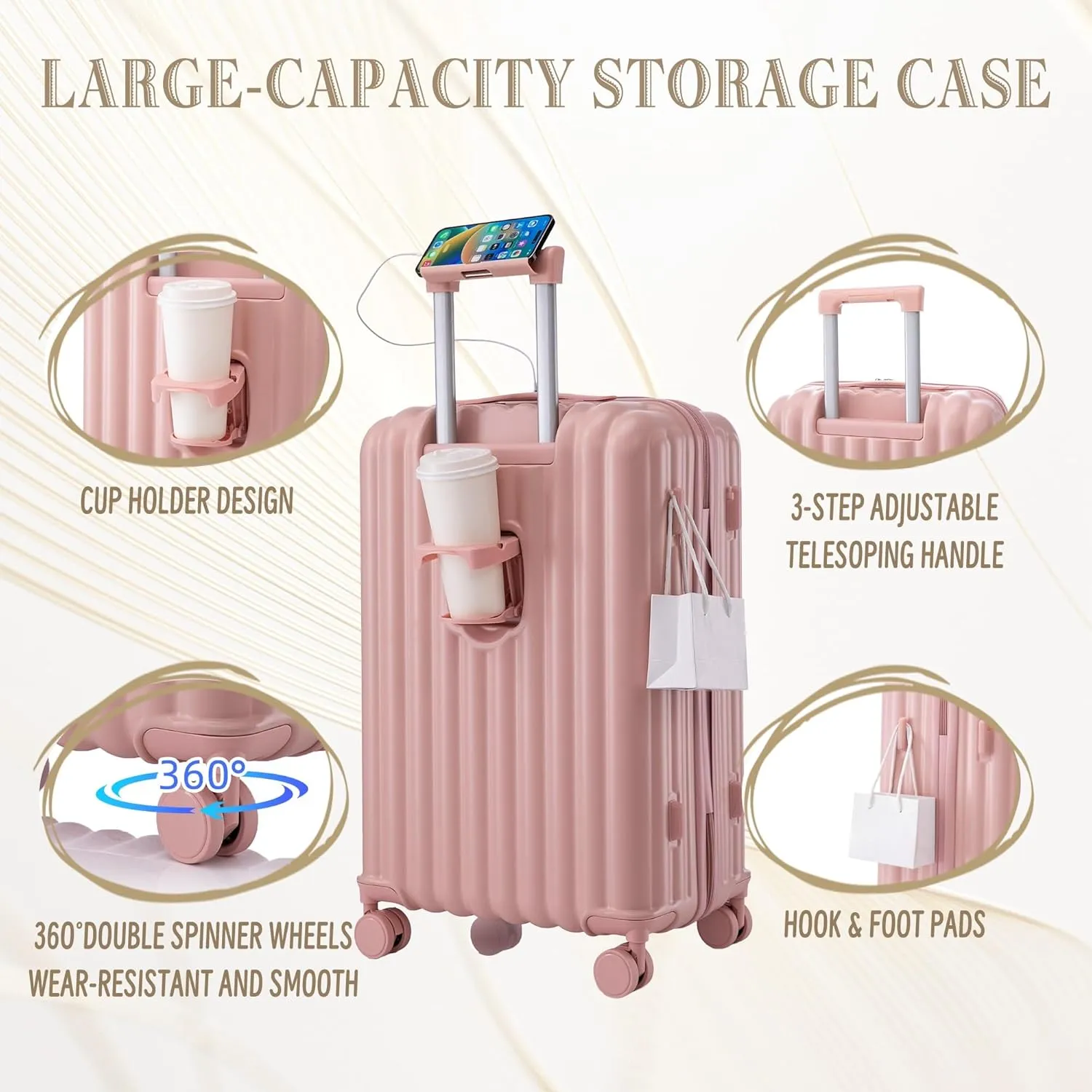 ABS Spinner Wheel Luggage Set with Cup Holder & USB Port (20/24/28) - Durable Waterproof Suitcase(Pink)