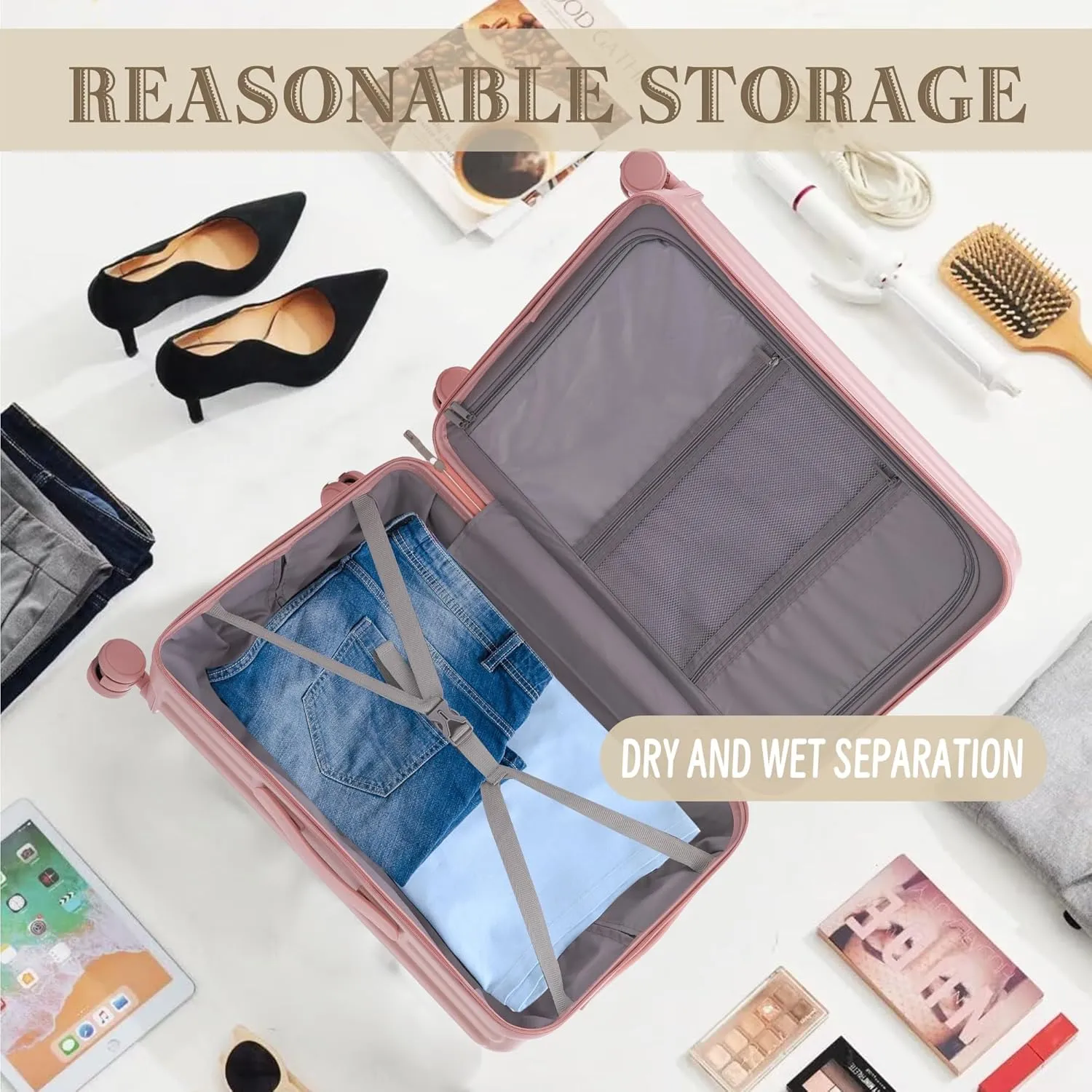 ABS Spinner Wheel Luggage Set with Cup Holder & USB Port (20/24/28) - Durable Waterproof Suitcase(Pink)