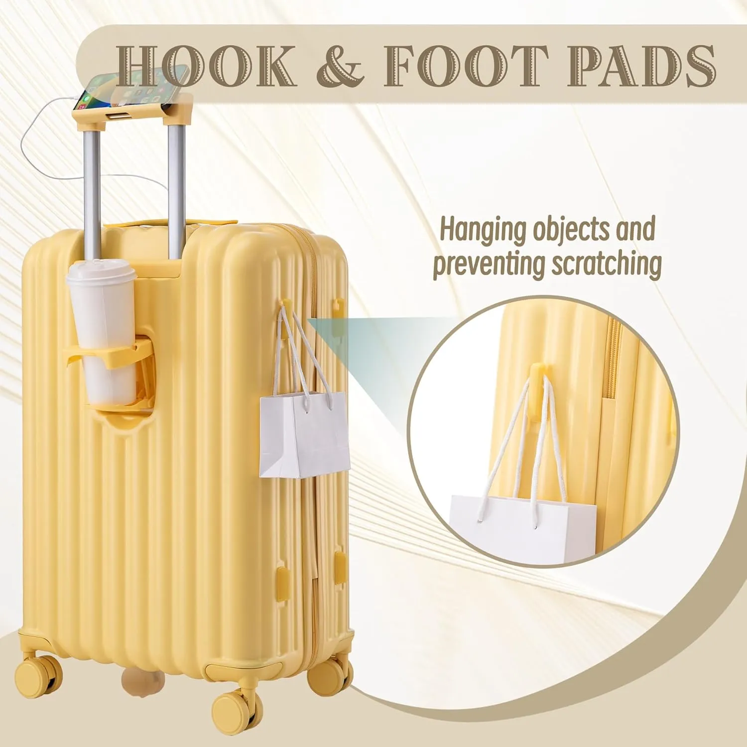 ABS Spinner Wheel Luggage Set with Cup Holder & USB Port (20/24/28) - Durable Waterproof Suitcase(Yellow)