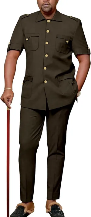 Africa Men's Suit Short Sleeve Metal Single Breasted Shirt Long Pants 2 Piece Set Casual Banquet Formal Wear