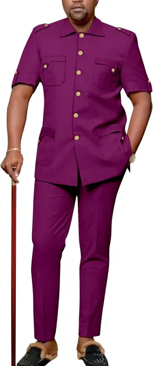Africa Men's Suit Short Sleeve Metal Single Breasted Shirt Long Pants 2 Piece Set Casual Banquet Formal Wear