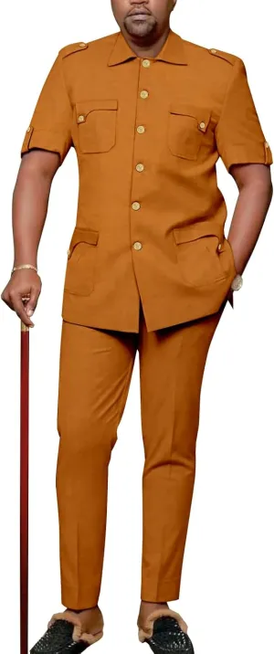 Africa Men's Suit Short Sleeve Metal Single Breasted Shirt Long Pants 2 Piece Set Casual Banquet Formal Wear