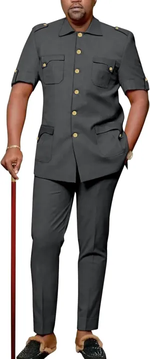 Africa Men's Suit Short Sleeve Metal Single Breasted Shirt Long Pants 2 Piece Set Casual Banquet Formal Wear