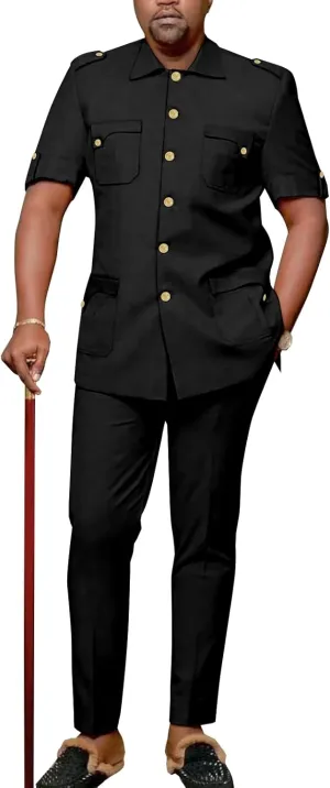 Africa Men's Suit Short Sleeve Metal Single Breasted Shirt Long Pants 2 Piece Set Casual Banquet Formal Wear