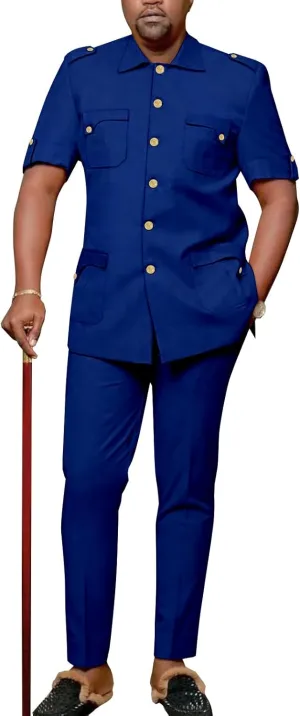 Africa Men's Suit Short Sleeve Metal Single Breasted Shirt Long Pants 2 Piece Set Casual Banquet Formal Wear