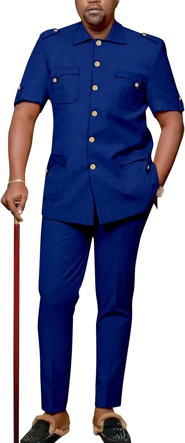 Africa Men's Suit Short Sleeve Metal Single Breasted Shirt Long Pants 2 Piece Set Casual Banquet Formal Wear