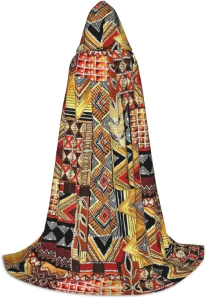 African Textile Patchwork Print Full-Length Hooded Cloak, Unisex Cloak, Witch Wizard Cape,For Halloween Cosplay Party