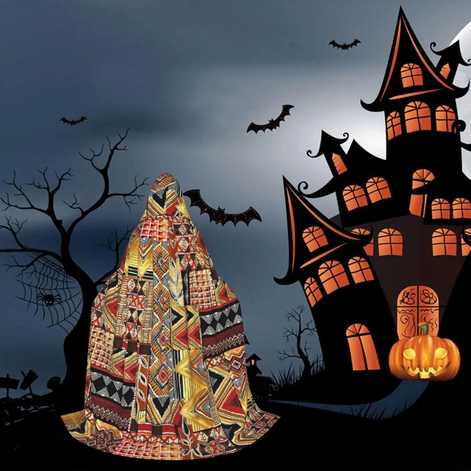 African Textile Patchwork Print Full-Length Hooded Cloak, Unisex Cloak, Witch Wizard Cape,For Halloween Cosplay Party