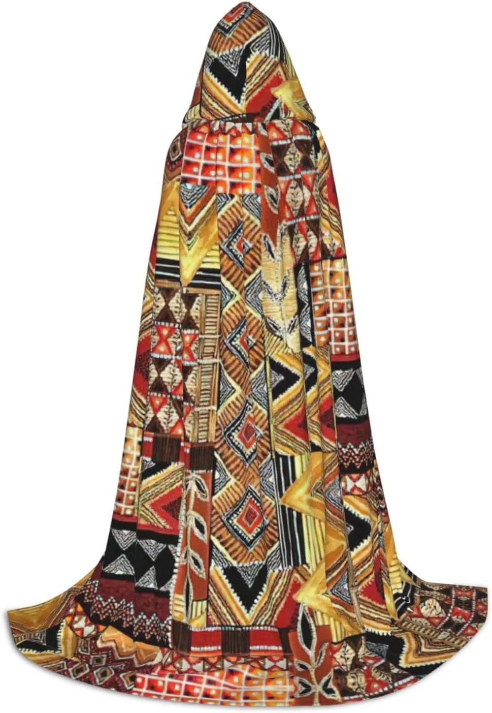 African Textile Patchwork Print Full-Length Hooded Cloak, Unisex Cloak, Witch Wizard Cape,For Halloween Cosplay Party