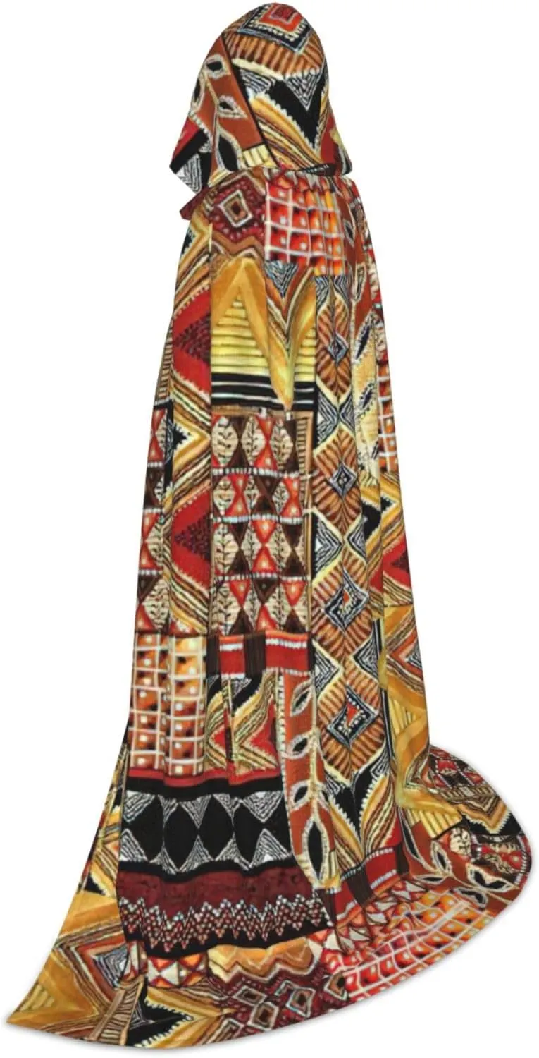 African Textile Patchwork Print Full-Length Hooded Cloak, Unisex Cloak, Witch Wizard Cape,For Halloween Cosplay Party