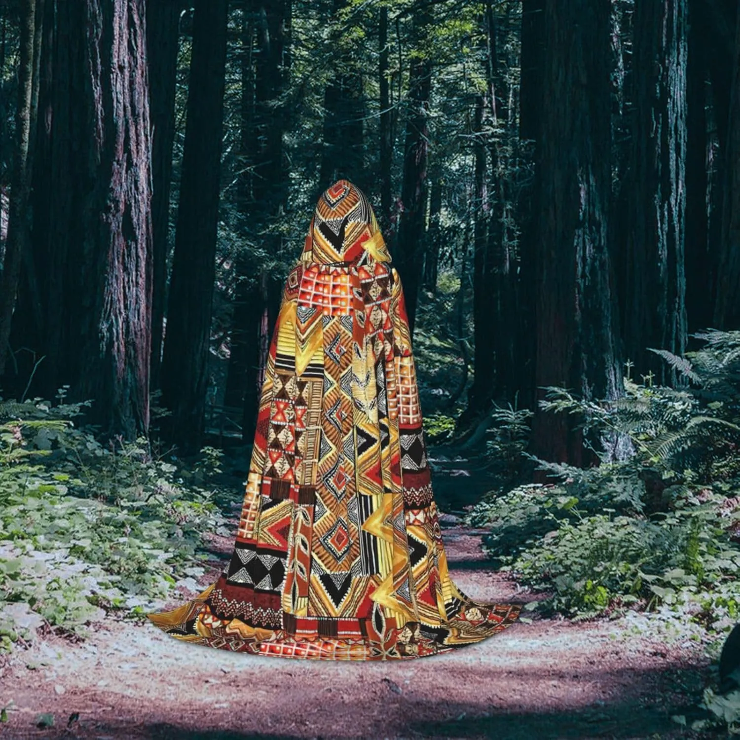 African Textile Patchwork Print Full-Length Hooded Cloak, Unisex Cloak, Witch Wizard Cape,For Halloween Cosplay Party