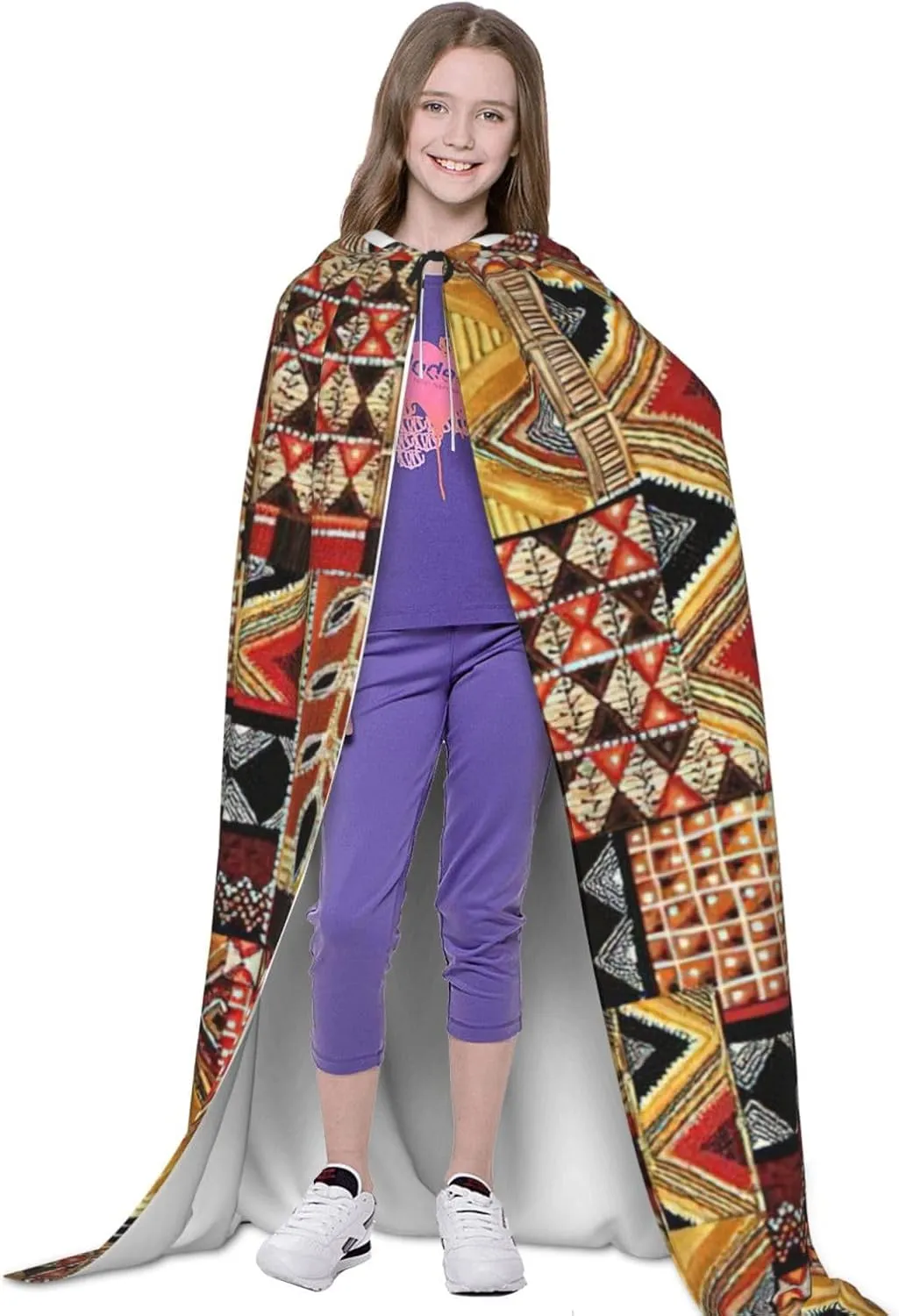 African Textile Patchwork Print Full-Length Hooded Cloak, Unisex Cloak, Witch Wizard Cape,For Halloween Cosplay Party