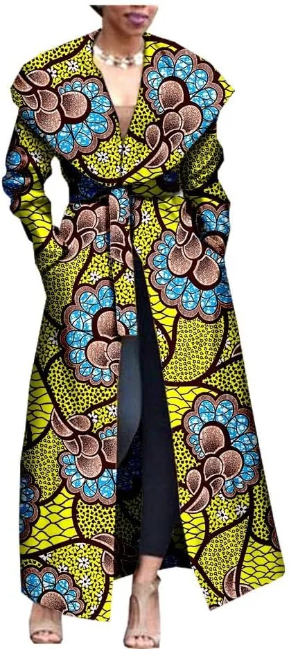 African Women's Print Coat Ankara Long Sleeve Jacket Maxi Coat with Belt Dashiki Casual Outwear