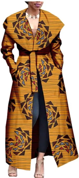 African Women's Print Coat Ankara Long Sleeve Jacket Maxi Coat with Belt Dashiki Casual Outwear
