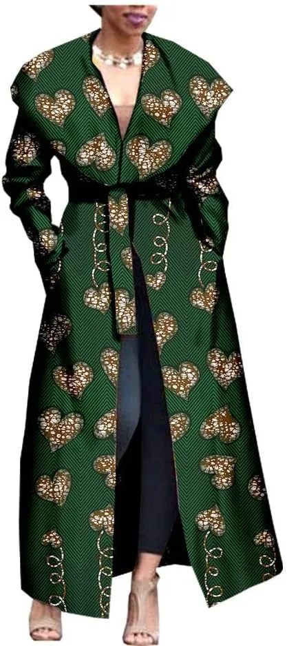 African Women's Print Coat Ankara Long Sleeve Jacket Maxi Coat with Belt Dashiki Casual Outwear