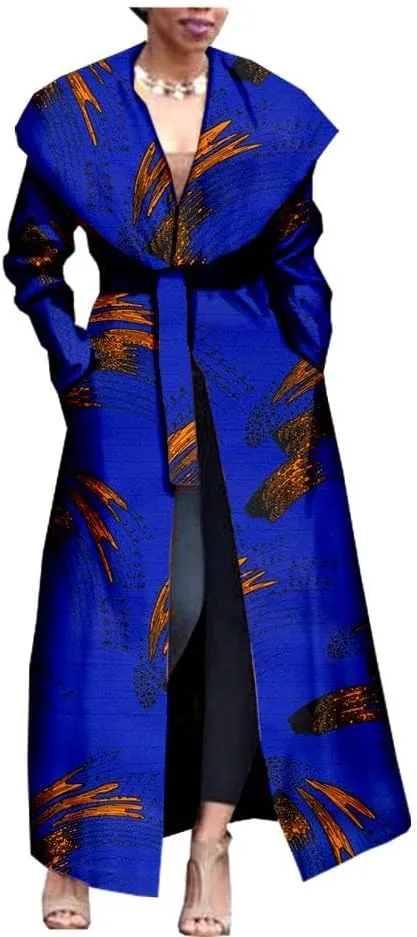 African Women's Print Coat Ankara Long Sleeve Jacket Maxi Coat with Belt Dashiki Casual Outwear
