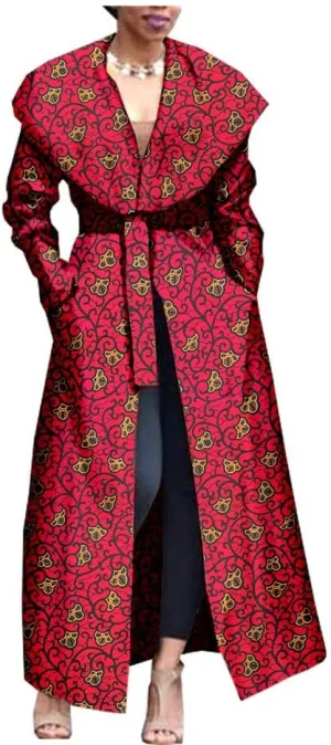 African Women's Print Coat Ankara Long Sleeve Jacket Maxi Coat with Belt Dashiki Casual Outwear