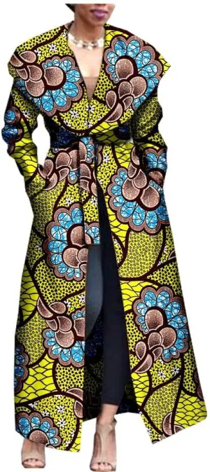 African Women's Print Coat Ankara Long Sleeve Jacket Maxi Coat with Belt Dashiki Casual Outwear