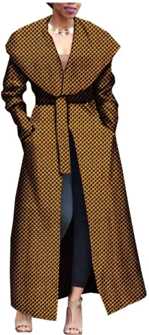 African Women's Print Coat Ankara Long Sleeve Jacket Maxi Coat with Belt Dashiki Casual Outwear