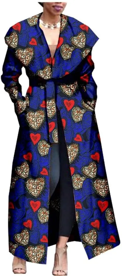 African Women's Print Coat Ankara Long Sleeve Jacket Maxi Coat with Belt Dashiki Casual Outwear