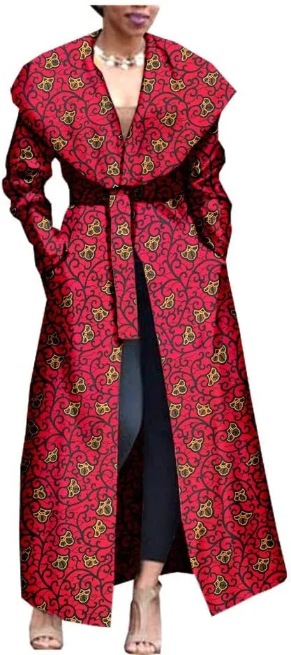 African Women's Print Coat Ankara Long Sleeve Jacket Maxi Coat with Belt Dashiki Casual Outwear