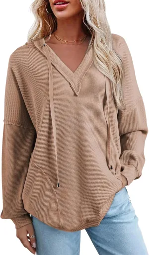 AlvaQ Women Hoodies Oversized Sweatshirts Casual Long Sleeve V Neck Drawstring Waffle Knit Tops Fashion Outfits