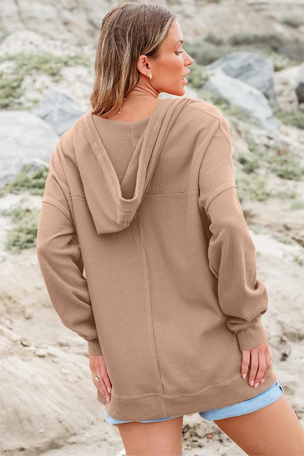 AlvaQ Women Hoodies Oversized Sweatshirts Casual Long Sleeve V Neck Drawstring Waffle Knit Tops Fashion Outfits