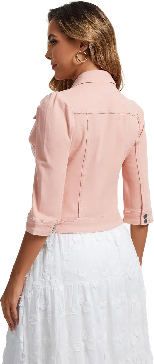 Anienaya Women's Jean Jacket Cropped Denim Jacket Stretchy 3/4 Puff Sleeve Distressed with Pockets