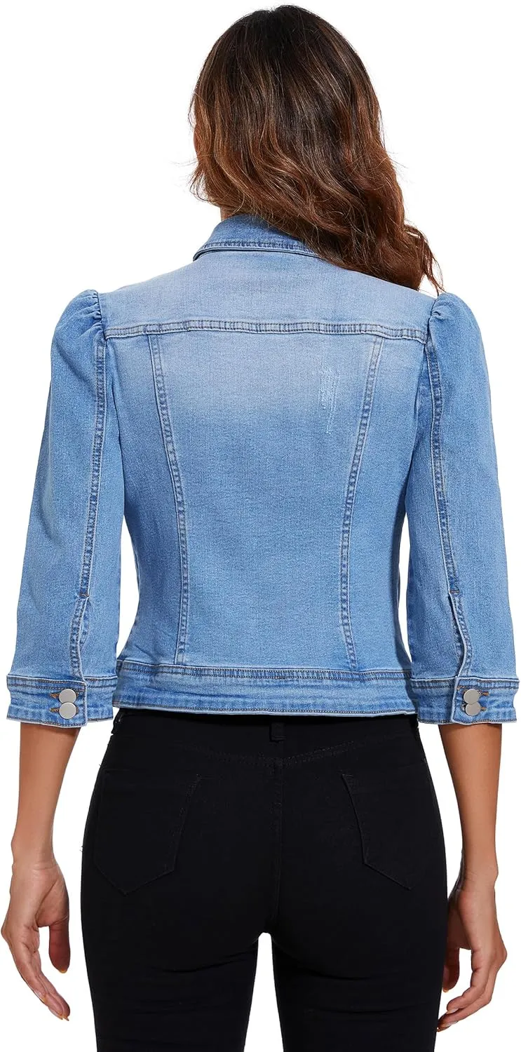 Anienaya Women's Jean Jacket Cropped Denim Jacket Stretchy 3/4 Puff Sleeve Distressed with Pockets