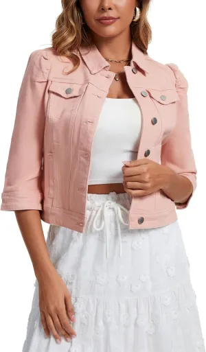 Anienaya Women's Jean Jacket Cropped Denim Jacket Stretchy 3/4 Puff Sleeve Distressed with Pockets