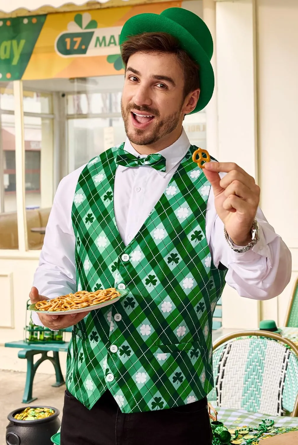 Arvilhill 2 Pcs Mens St Patrick's Day Vest Suit Bow Tie Irish Shamrock Outfit (S-XXL)